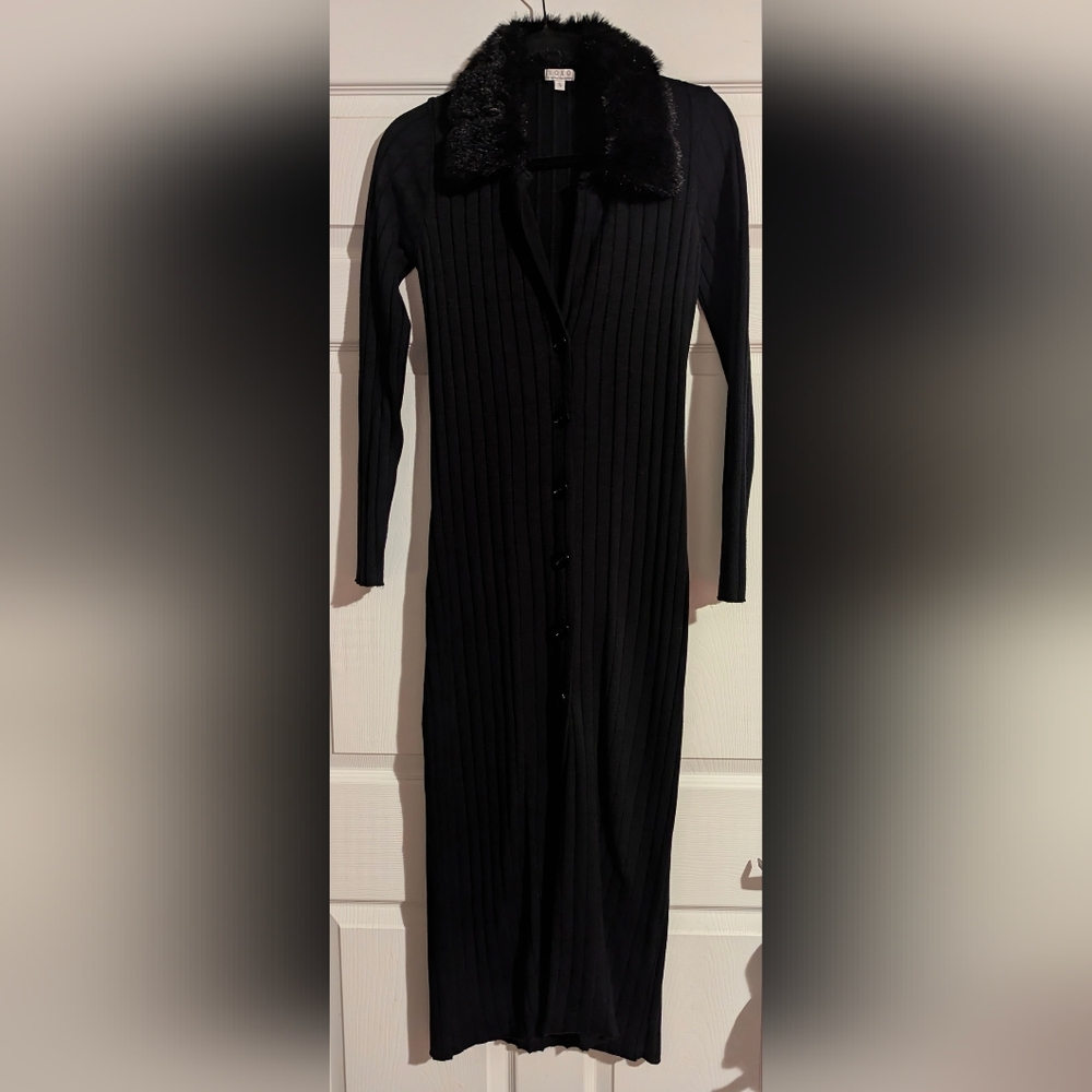XOXO Elegant Long Black Sweater Duster with Faux Fur Trim